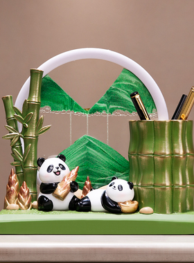 熊有成竹书桌熊猫笔筒流沙画摆件办公室装饰品高档毕业生日礼物