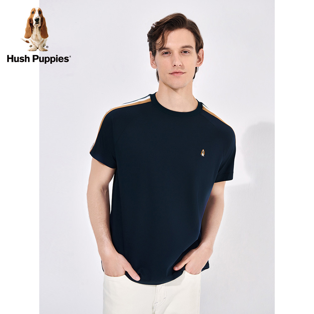 Hush Puppies暇步士男装纯棉短袖T恤夏季条纹撞色透气圆领上衣潮 - 图1
