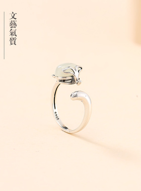 和田玉ins潮风韩版招桃花银戒指