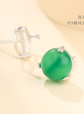 diy纯银圆形镶嵌碧玉蜜蜡耳环