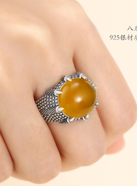 纯银戒指空托鹰爪琥珀镶嵌绿松石