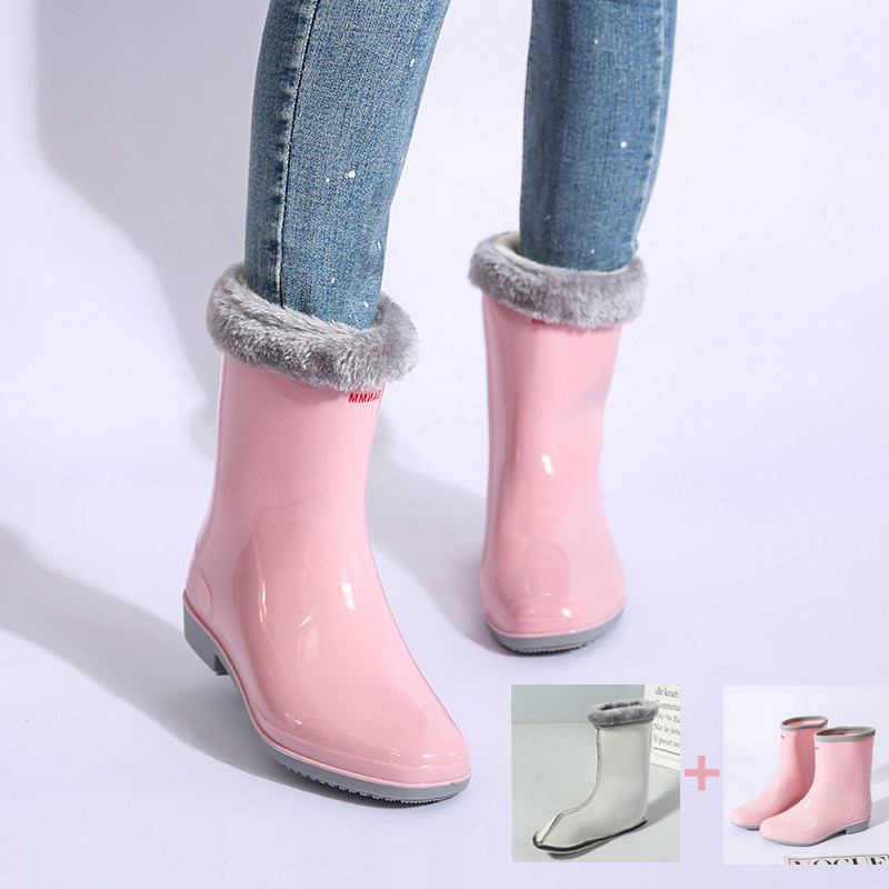 新款水鞋冬天雨鞋女款时尚外穿短筒胶鞋女防水防滑水靴子雨靴加厚 穿衣服