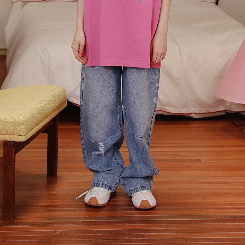 TYAKASHAKID塔卡沙童装裤子男女童水洗牛仔长裤儿童破洞牛仔裤