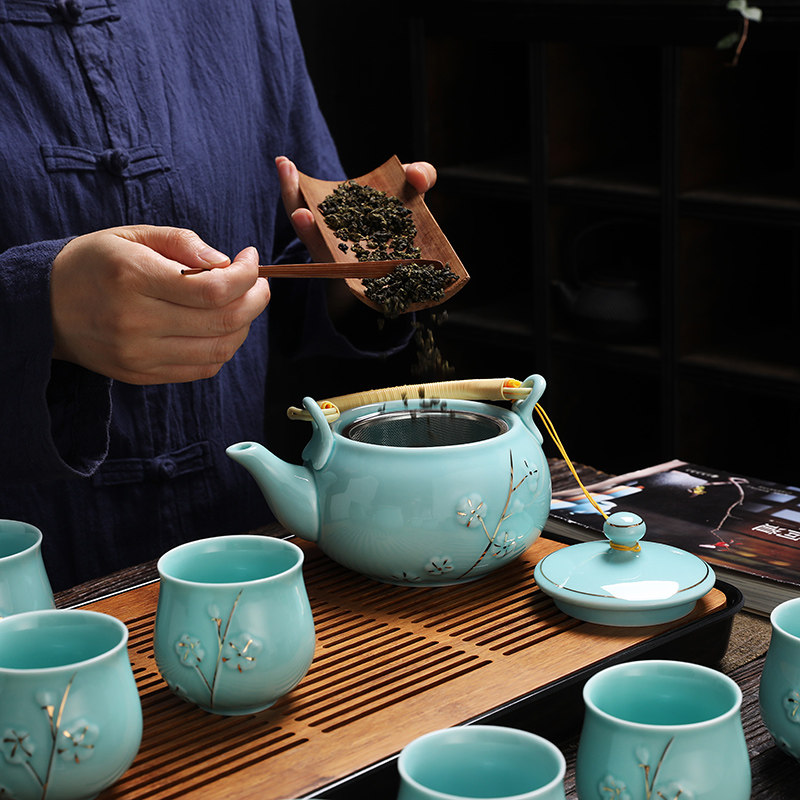 青瓷陶瓷茶壶茶具套装家用简约轻奢复古提梁壶日式功夫泡茶器茶盘,淘宝优惠券,粉丝福利购,淘宝优惠卷