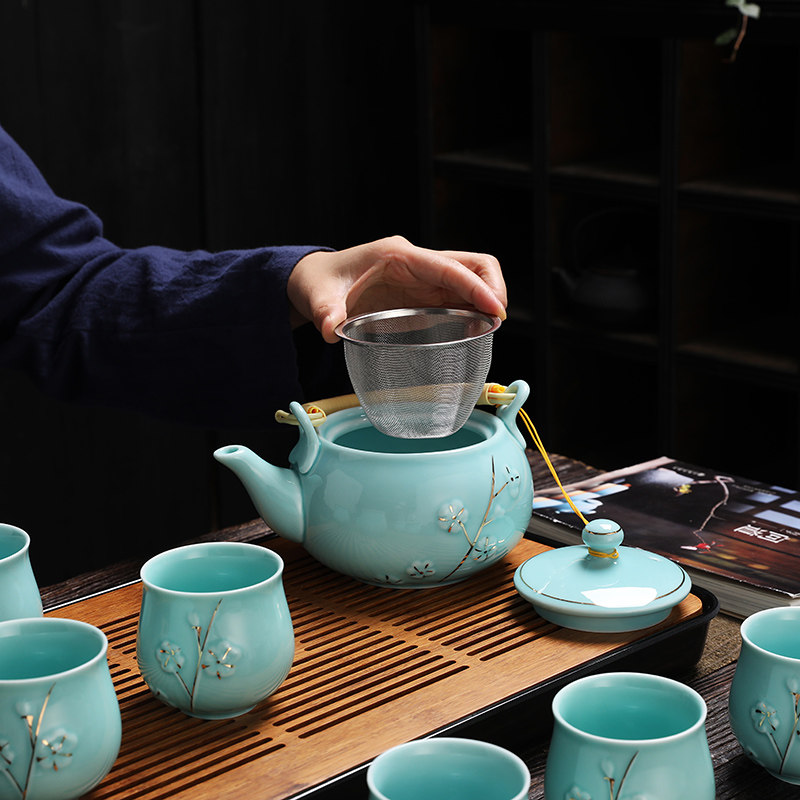 青瓷陶瓷茶壶茶具套装家用简约轻奢复古提梁壶日式功夫泡茶器茶盘,淘宝优惠券,粉丝福利购,淘宝优惠卷