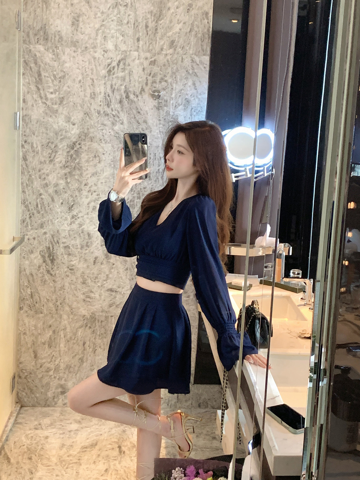 JustQin【蓝部少女】纯欲套装女夏高级感气质雪纺上衣半裙两件套,淘宝优惠券,粉丝福利购,淘宝优惠卷