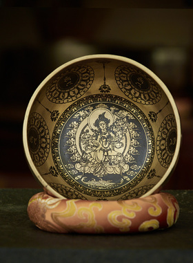 尼泊尔手工颂钵满雕图案家居摆件