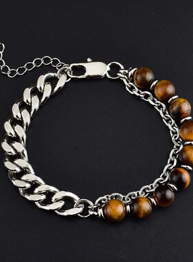 不锈钢切面黑玛瑙手链 霸气男士饰品 手镯国内款