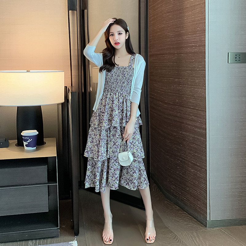 法式碎花连衣裙两件套女蛋糕裙子 姊衫时尚套装