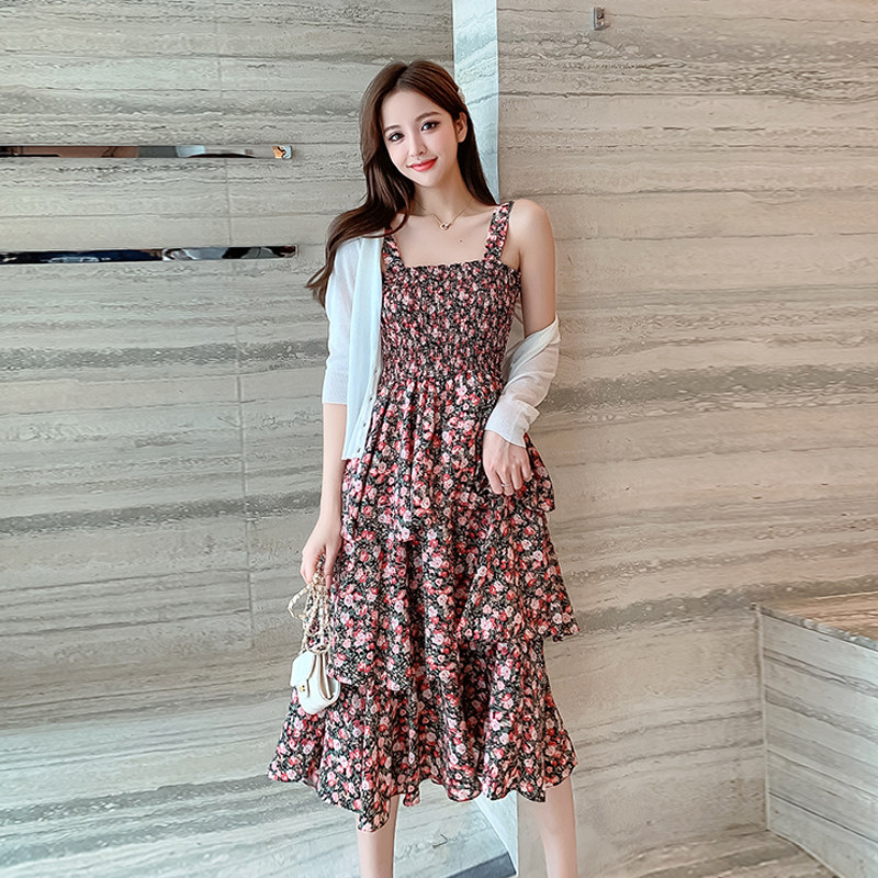 法式碎花连衣裙两件套女蛋糕裙子 姊衫时尚套装