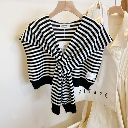 羊毛混纺交叉条纹针织小披肩女外搭保暖坎肩春秋假领子空调房搭肩 - 图0