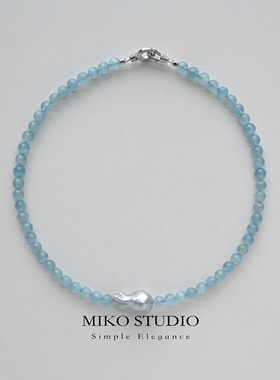 春夏新款海蓝宝项链拼接天然海水澳白巴洛克珍珠淡水珍珠情侣款