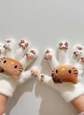 2025原创新款豹纹卡通黑皮kitty可爱保暖手套冬学生骑行分指防寒