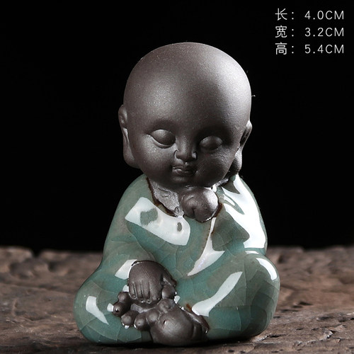 陶瓷哥窑抚琴小和尚摆件可养招财生肖茶玩茶室茶台茶桌禅意装饰品 - 图2