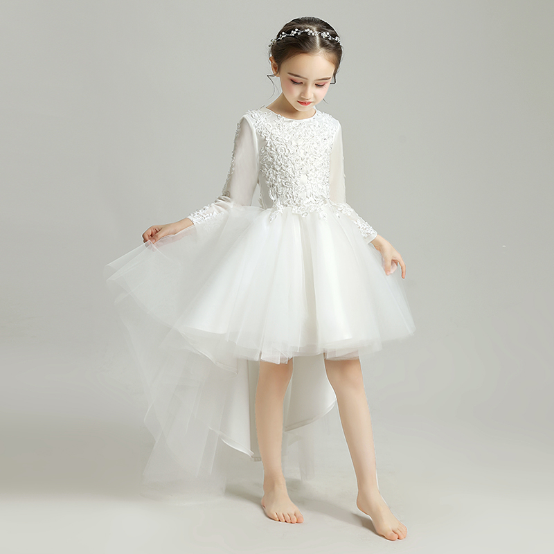 儿童婚纱裙小孩花童婚礼长袖加厚公主裙加绒女童鱼尾晚礼服主持人 - 图1