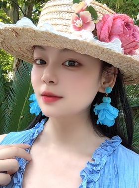 旅游度假风蓝色布艺耳环耳饰耳钉耳坠耳夹2026新款女饰品个性夸张