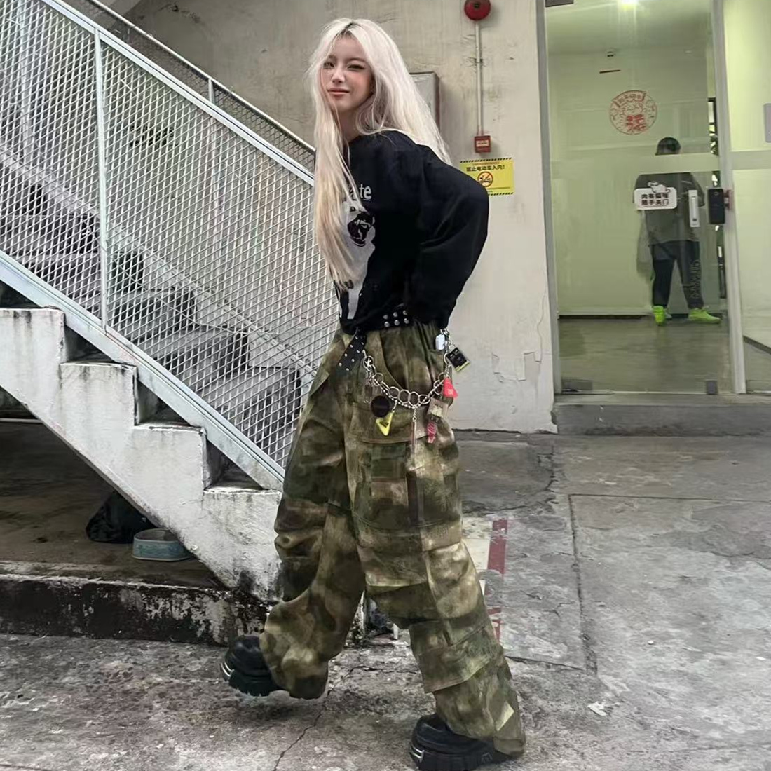 NOVACAM 美式复古休闲晕染迷彩baggy宽松多口袋直筒工装炮弹裤 - 图0