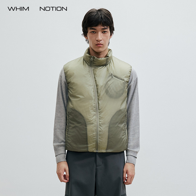 WHIMNOTION 25AW透视结构斜拉链防泼水羽绒马甲超轻量化90白鸭绒,淘宝优惠券,粉丝福利购,淘宝优惠卷
