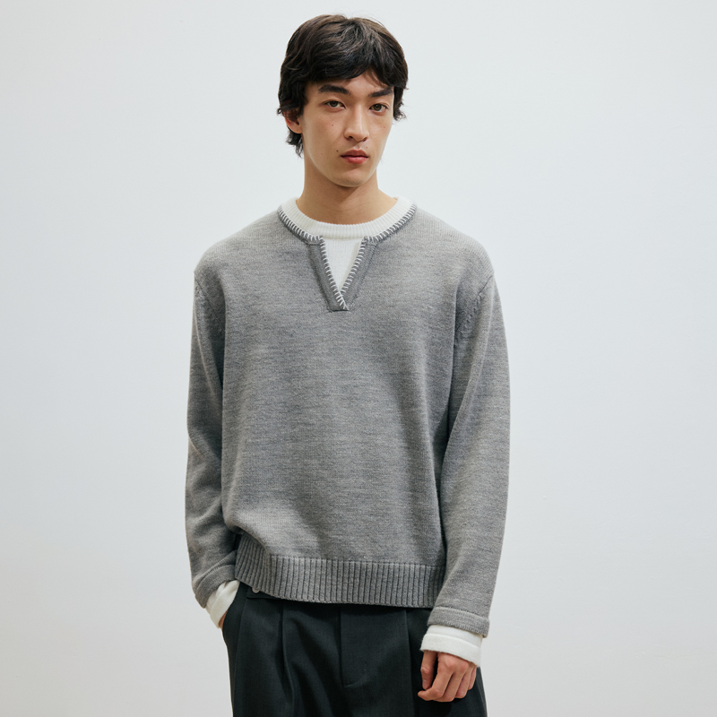 WHIMNOTION 25AW「假两件手缝线」澳洲进口美利奴羊毛亨利领毛衣