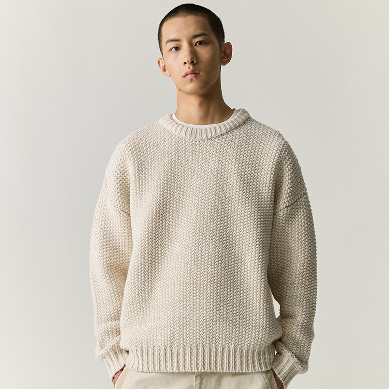 WHIMNOTION 美利奴羊毛混纺粗针重磅圆领套头毛衣百搭宽松慵懒 - 图1