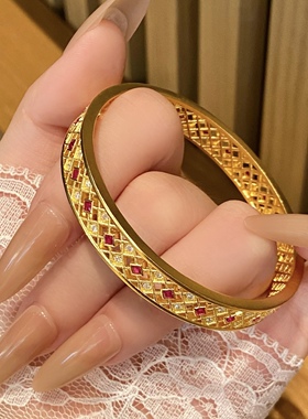 金包银古法菱格镂空手镯镶嵌莫桑钻复古宫廷风手环送节日礼物定制