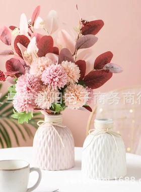 新款条纹金边陶瓷干花花瓶摆件