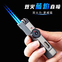 Mid-Bang Windproof Inflatable Lighter Creative Blue Flame Double Straight Flush Visible Gas Cabin Cigar Moxibustion Old Grinding Wheel Lighter