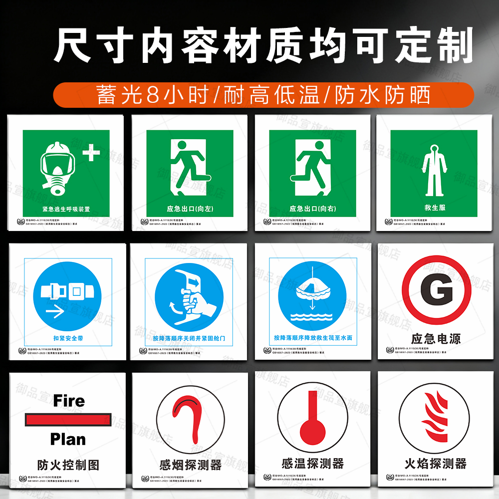 船用IMO夜光标识贴2023新款船舶主脱险通道逃生口救生衣救生圈荧光标志消防泵防火控制图手动报警按钮标贴 - 图2