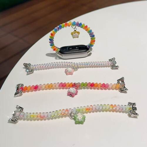 适用小米手环10/9/8表带89pro彩虹弹力发圈小米watch S4/s3/S2陶瓷电话线苹果卡通腕带红米手环5/4/3夏季透气 - 图1