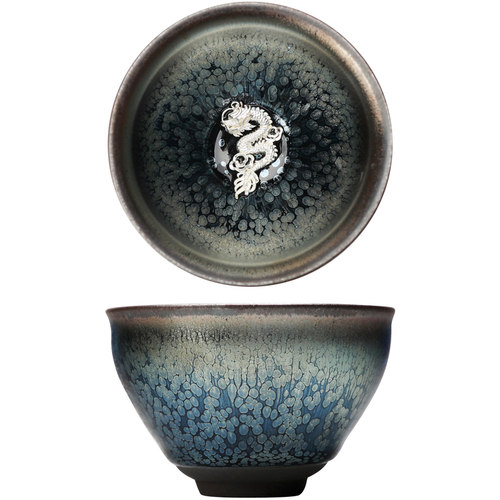 福晓 建阳油滴建盏茶杯大号茶碗纯手工建窑主人杯鹧鸪斑镶银单杯 - 图3