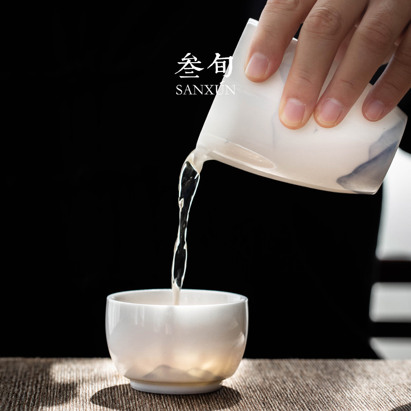 叁旬手绘远山盖碗套装简约家用客厅陶瓷喝茶轻奢高档功夫茶艺茶具