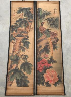 潘天寿古画荷花鸟四条屏挂画覆古农村堂屋家用客厅装饰彷古中堂画