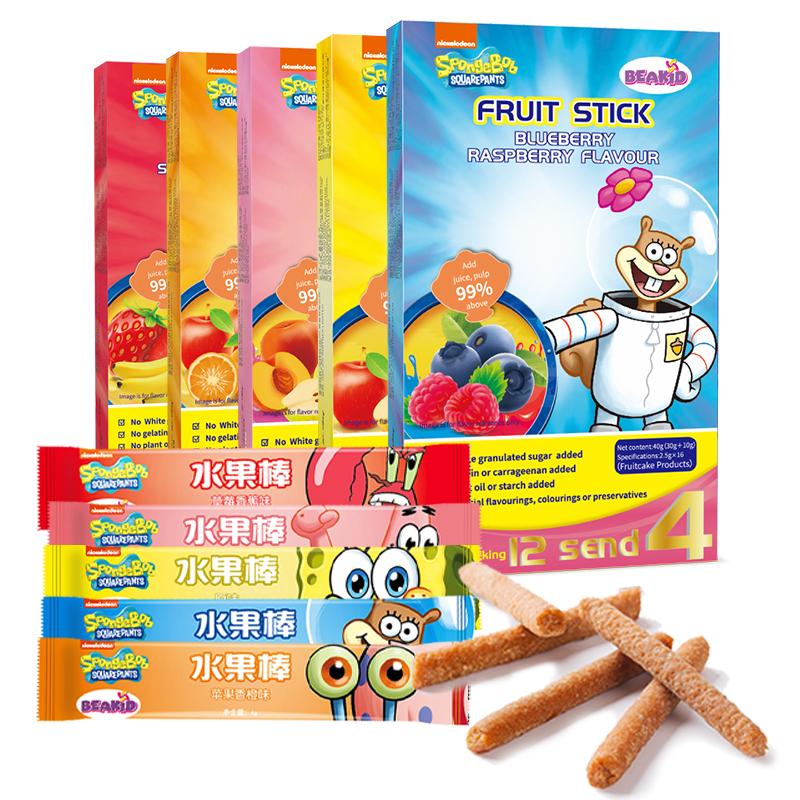 beakid旗舰店beakid海绵宝宝果肉条VC补充水果棒辅零食独立小包果泥糕5盒80根3
