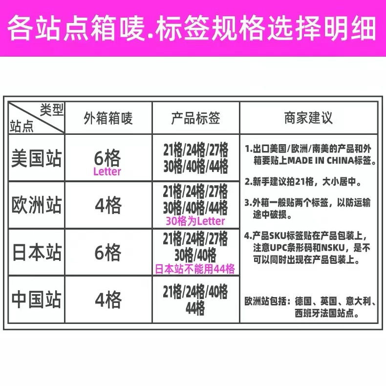 亚马逊FBA标签打印贴纸 made in china美国4/6外箱箱唛21/24/27/30/40/44格sku入仓fnsku不干胶铜版A4条码纸-图1