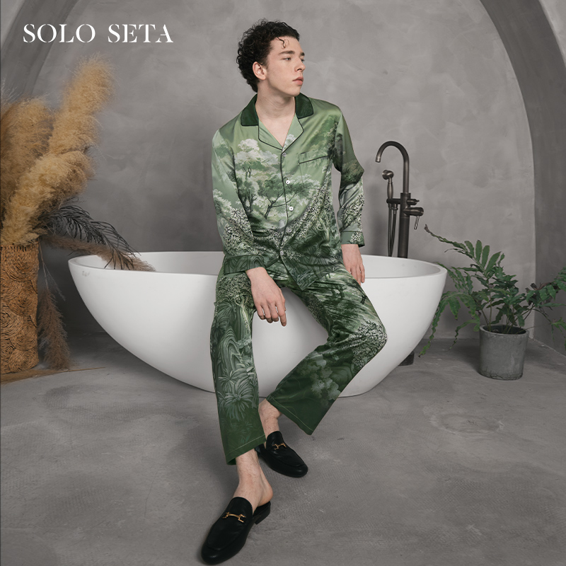 Solo seta22姆米男士真丝睡衣套装长袖桑蚕丝家居服丝绸可外穿春