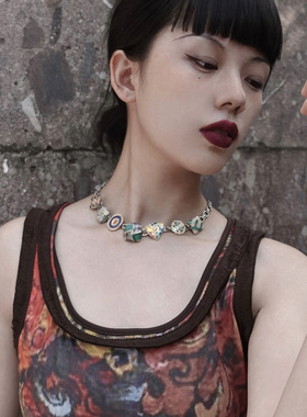 后摇摩洛哥彩色纽扣项链复古钛钢