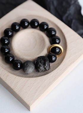 黑曜石醒狮手串2025新款男女转运珠中式国风高级随身配饰手链国潮