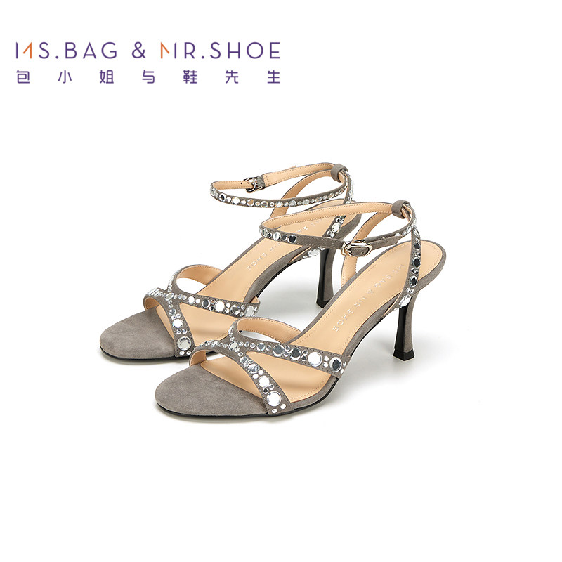 包小姐与鞋先生夏季细带绒面闪耀烫钻细跟凉鞋女252426,淘宝优惠券,粉丝福利购,淘宝优惠卷