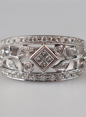 【自营】中古95新日本进口商品复古群镶钻石戒指K18白金53号