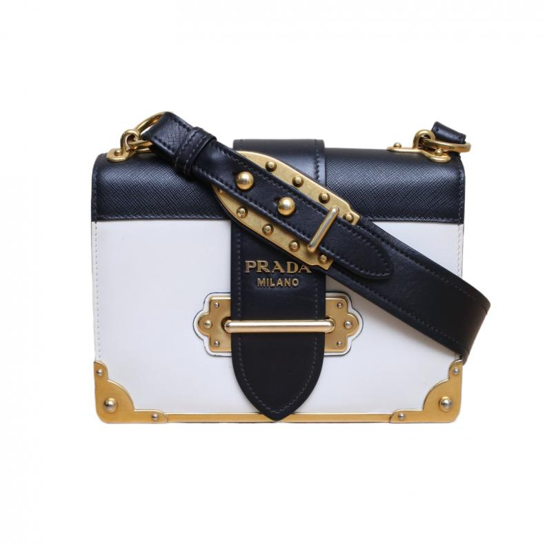 【自营】中古95新Prada/普拉达单肩包Cahier盒子包黑白皮革C金扣 - 图0