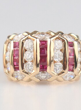 【自营】中古95新日本进口商品群镶红宝石钻石戒指K18黄金55号