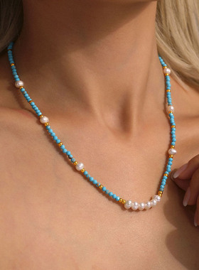 【自营】daisy beauty蓝松石手工串珠天然淡水珍珠项链女法式轻奢