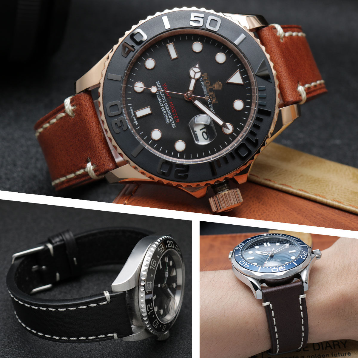 劳力士水鬼欧米茄帝舵真皮链男表 瑞途手表配件