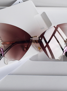 无框渐进镶钻蝴蝶太阳镜女圆脸大脸显瘦墨镜遮阳高级感韩版茶色