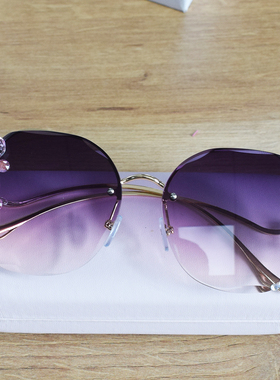 无边框渐变镶钻太阳镜女圆脸大脸显瘦遮阳 韩版墨镜2022高档