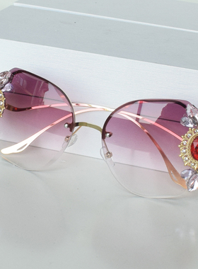 琪妍防晒女网红韩版无框镶钻太阳镜圆脸遮阳墨镜女渐变