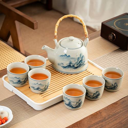 手绘陶瓷提梁壶功夫茶具套装大容量复古釉下彩泡茶壶茶杯一套家用 - 图2