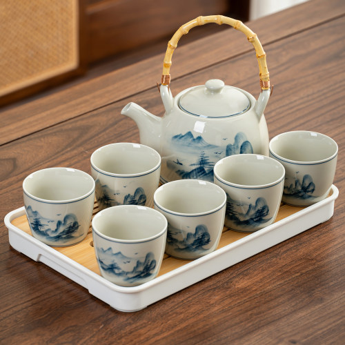 手绘陶瓷提梁壶功夫茶具套装大容量复古釉下彩泡茶壶茶杯一套家用 - 图1