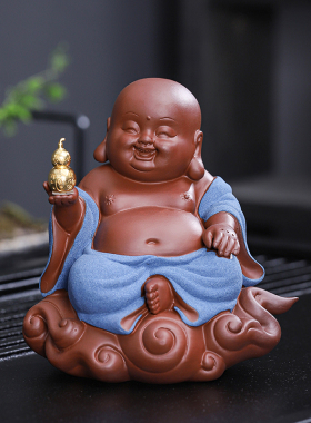 高档紫砂陶瓷禅意招财弥勒佛摆件
