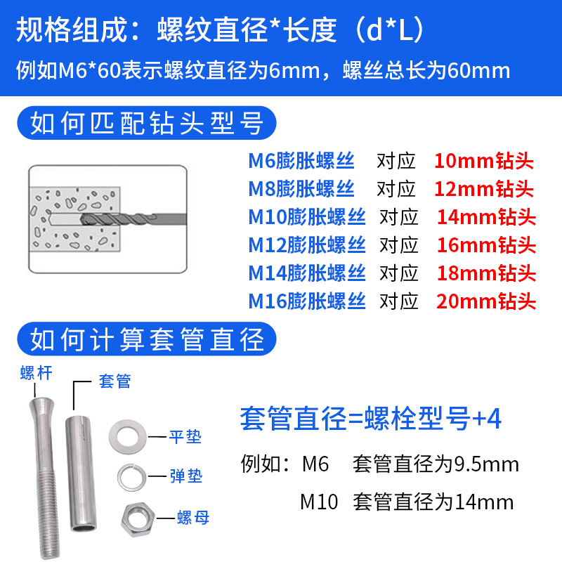 304不锈钢膨胀螺丝 加长超长拉爆膨胀彭胀螺栓 大全国标M6M8M10mm